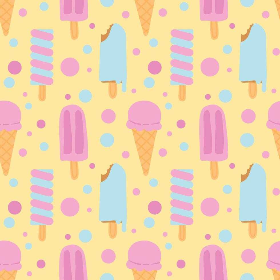 Seamless ice cream pattern with ice cream pops and cones on a pastel yellow background with dots vector