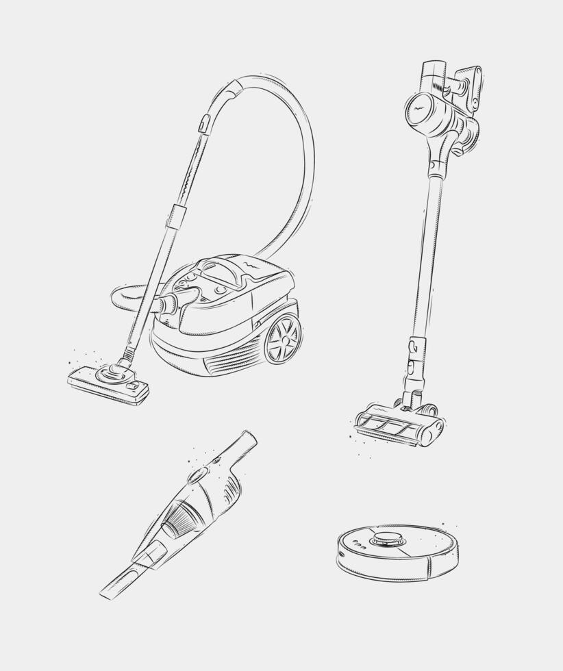 Vacuum cleaner set regular, cordless, robot, portable drawing in graphic style on white background vector
