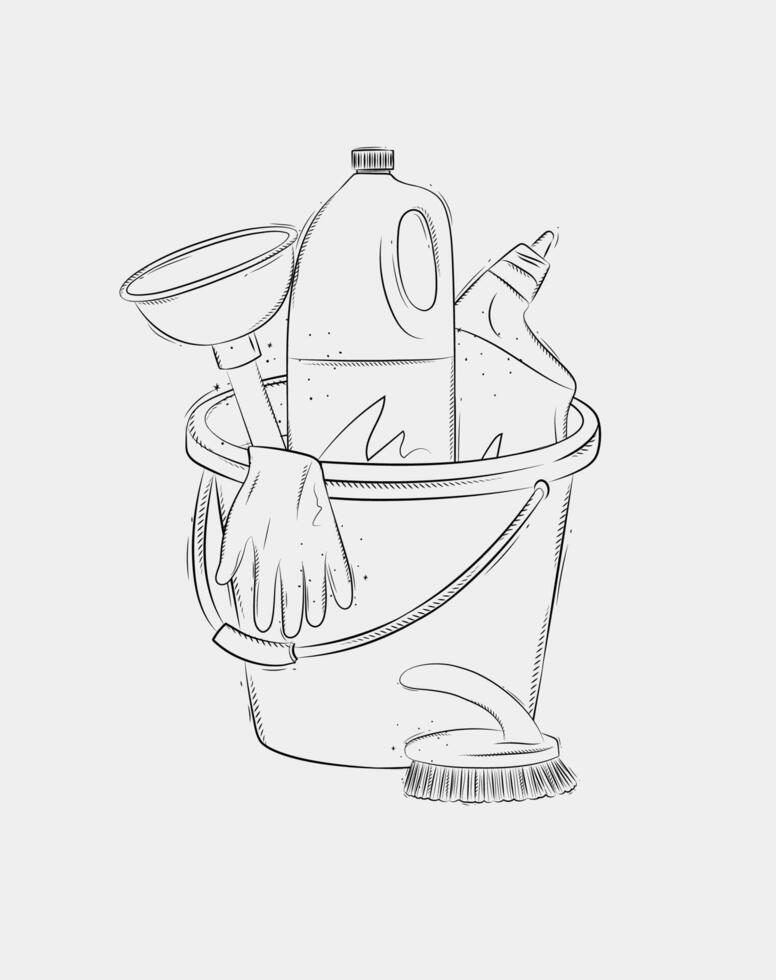 Cleaning bathroom supplies tools accessories cleaner, brush, bucket, plunger, gloves drawing in graphic style on white background vector