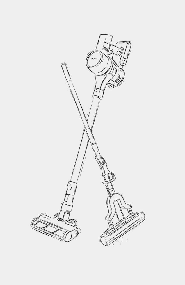 Cordless vacuum cleaner and sponge mop drawing in graphic style on white background vector