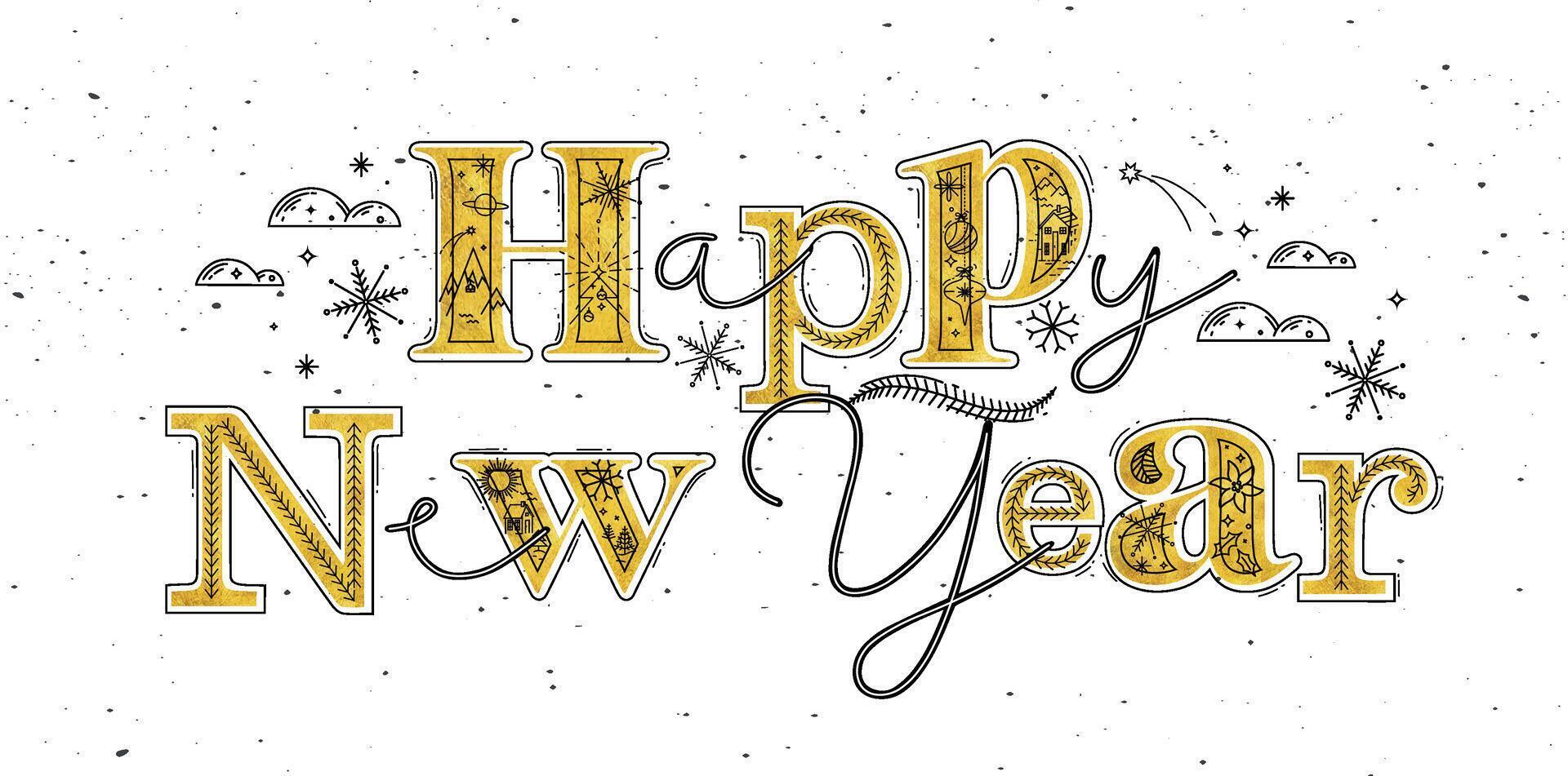 Christmas poster lettering happy new year drawing in graphic style on white background vector