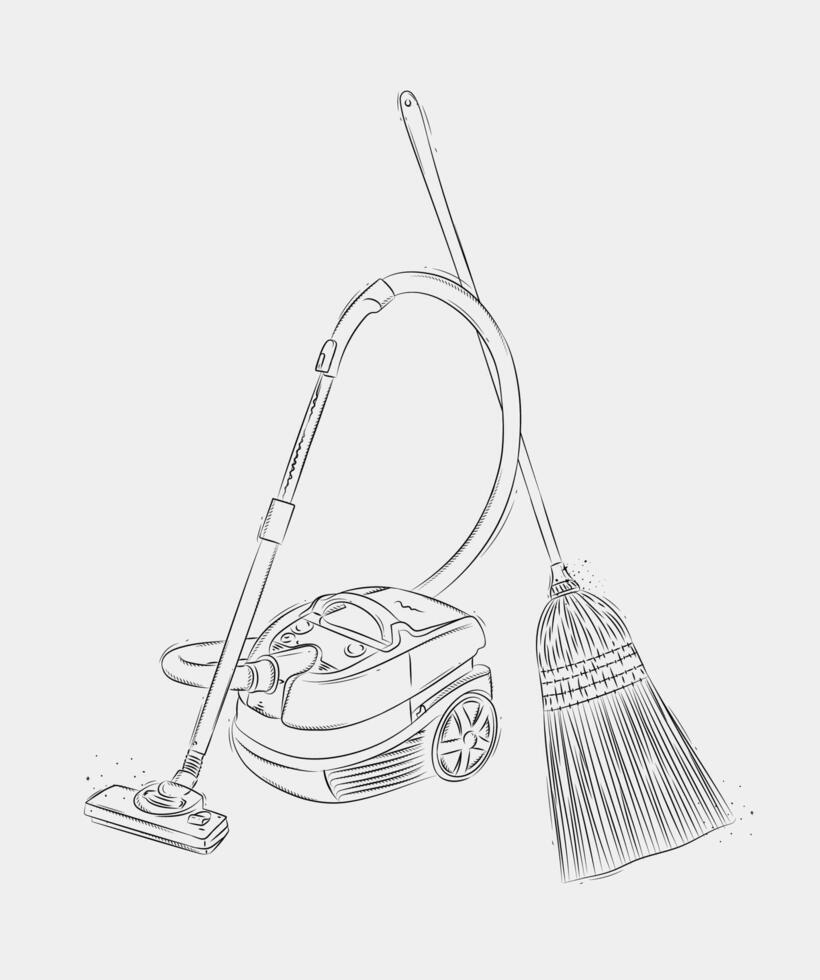 Vacuum cleaner and broom drawing in graphic style on white background vector
