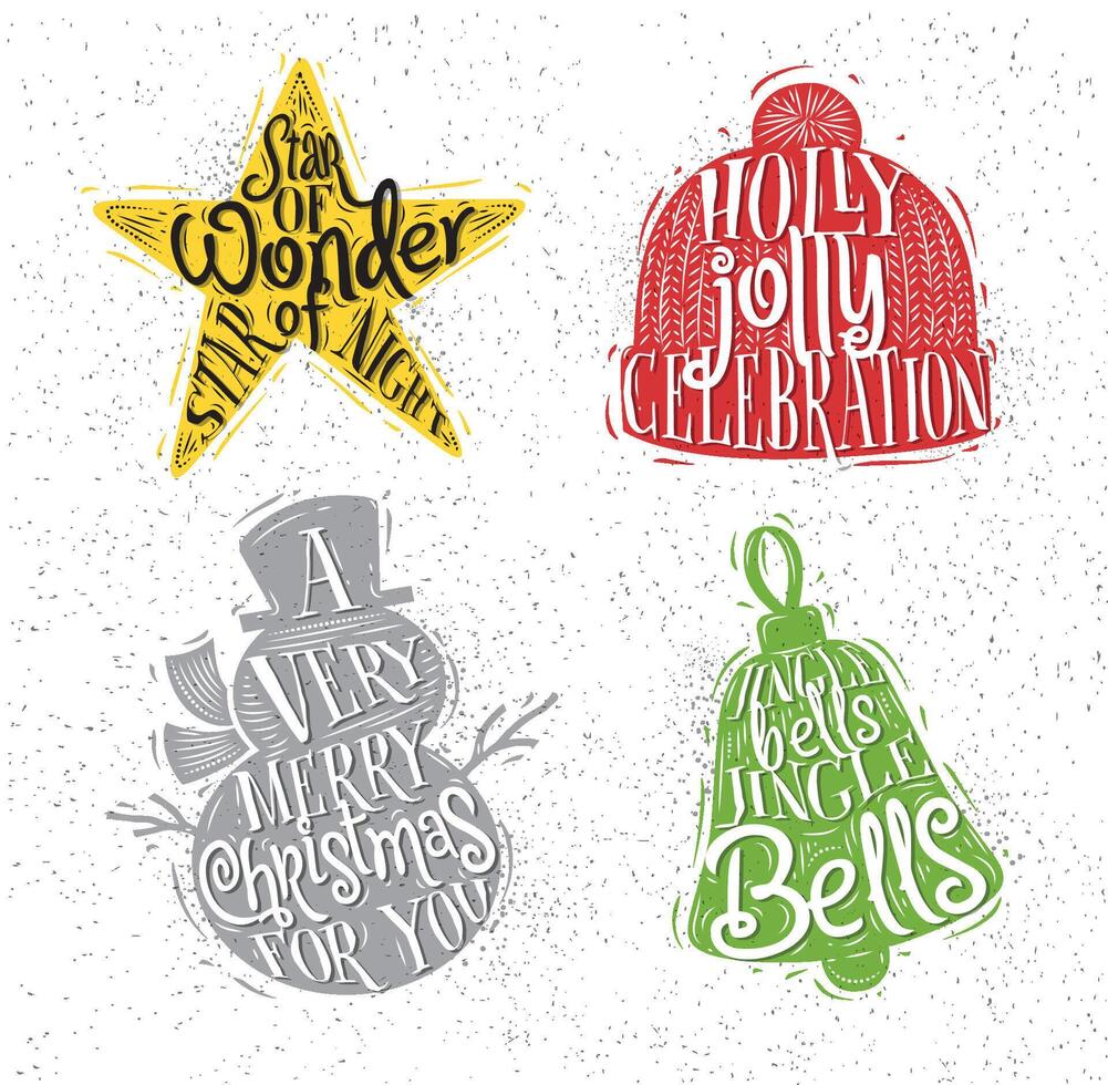Christmas vintage silhouettes star, snowman, bell, winter hat with greeting lettering drawing with color on dirty paper bg vector