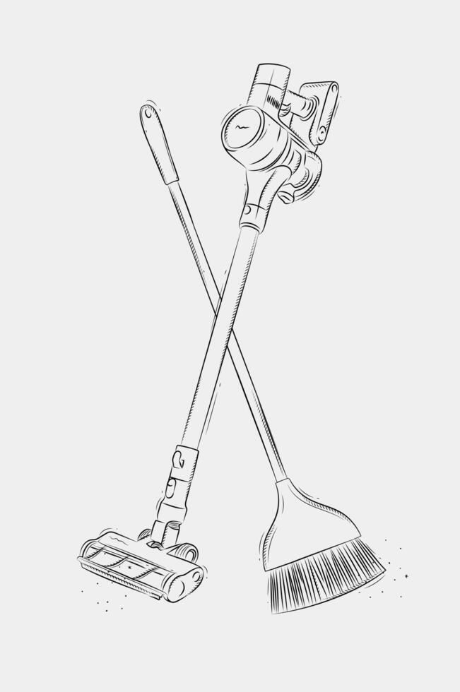 Cordless vacuum cleaner and flat broom drawing in graphic style on white background vector