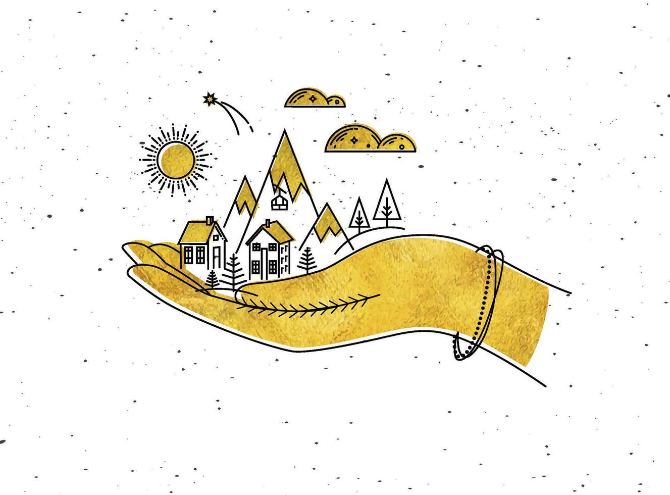 Christmas poster with hand, mountains, sun, cloud, home, trees drawing in graphic style on white background vector