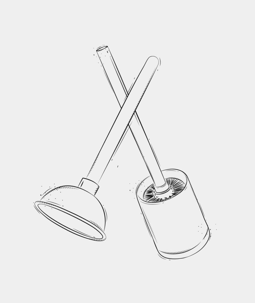 Cleaning tools toilet brush and plunger drawing in graphic style on white background vector