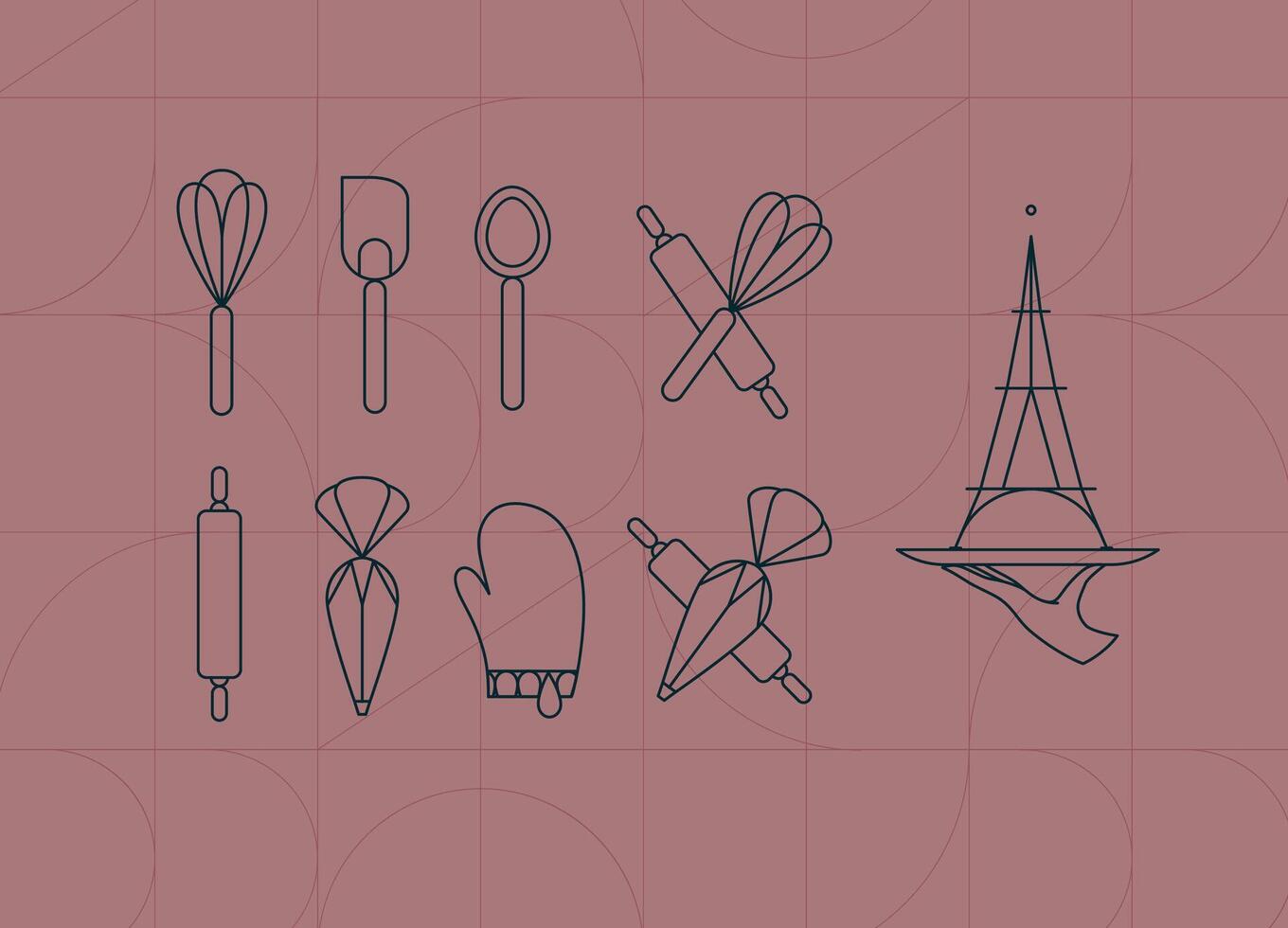 Kitchen utensils in art deco style to prepare bakery products whisk, spatula, measuring spoon, rolling pin, pastry bag, potholder, dish drawing on coral background vector