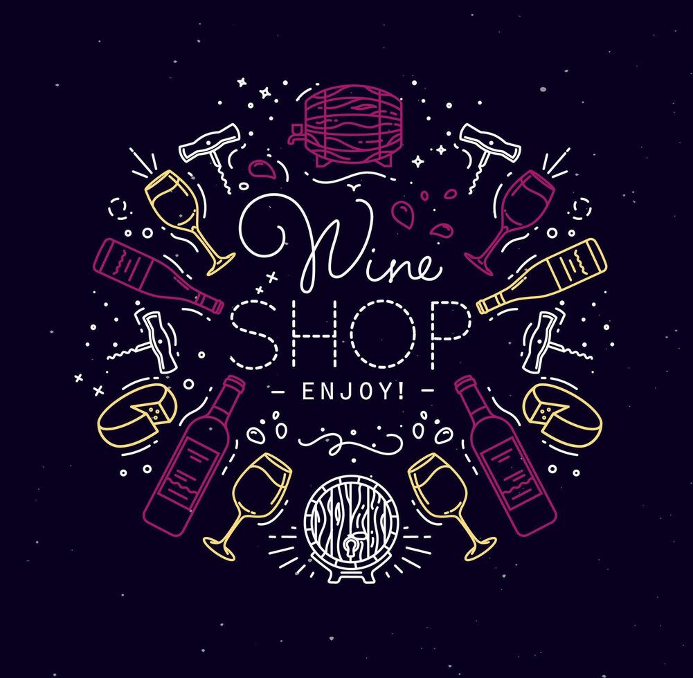 Alcohol monogram in flat style lettering wine shop enjoy drawing with color lines on dark background vector