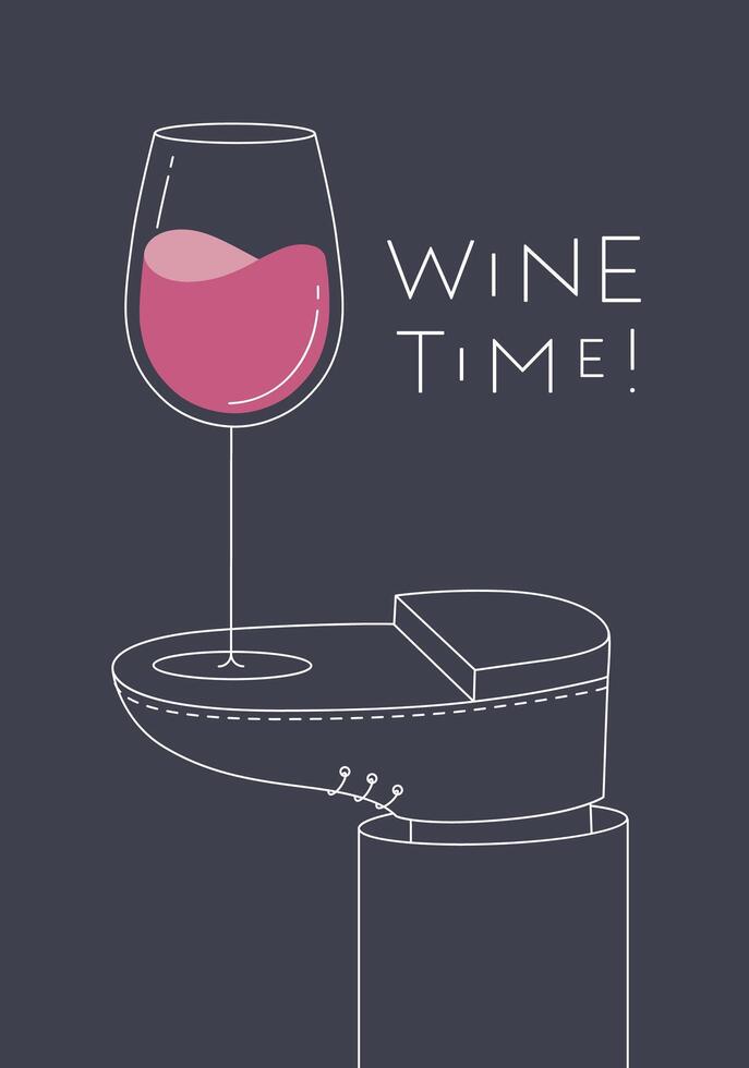 Alcohol poster. Wine glass with lettering stands on foot drawing in line art style on dark background vector