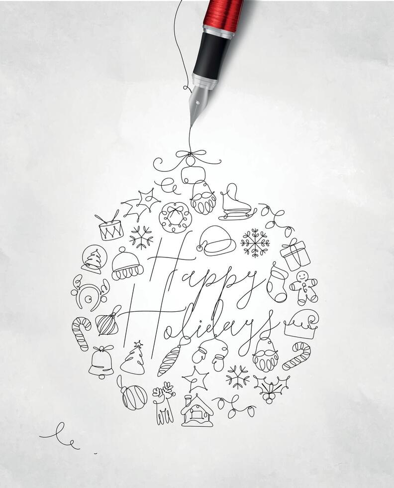 Christmas tree toy ball lettering happy holidays drawing with pen line on crumpled paper background vector