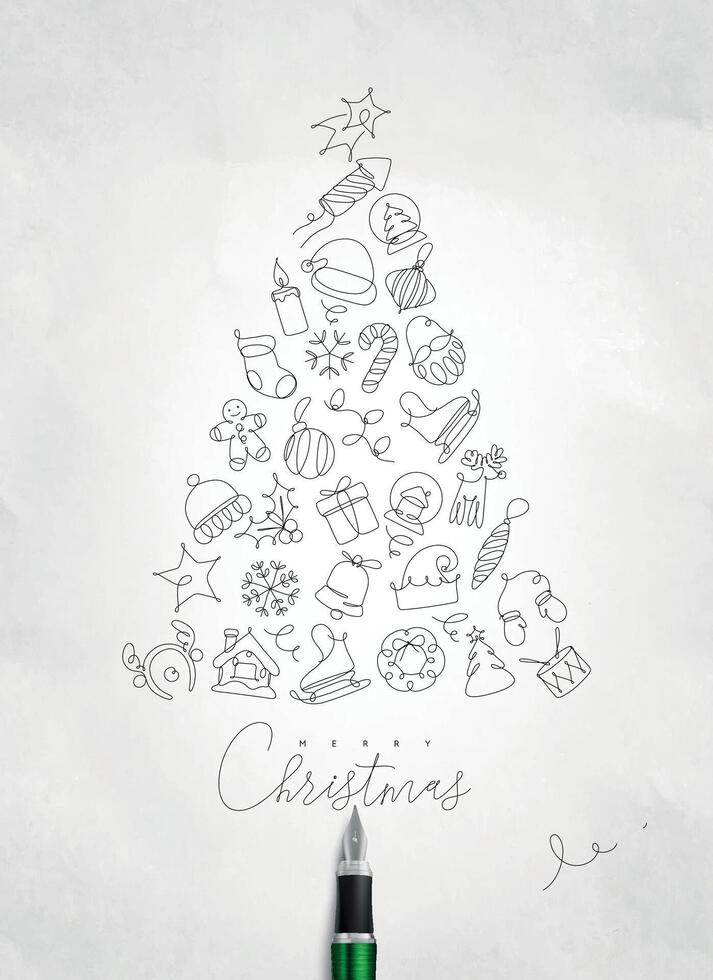 Christmas toy tree drawing with pen line on crumpled paper background vector