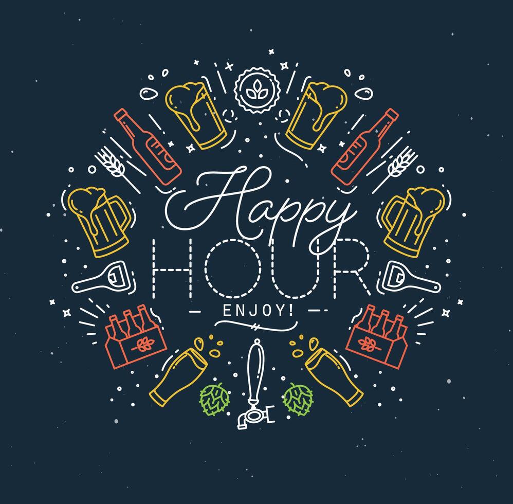 Alcohol monogram in flat style lettering happy hour enjoy drawing with color lines on dark background vector