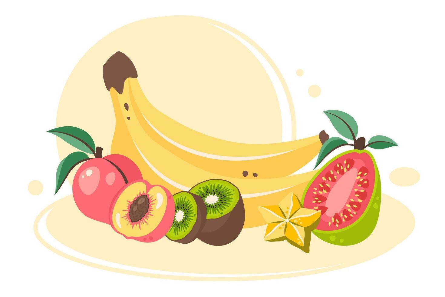 Tropical fruits in peel, half, slices. Fruit label. Fresh Sweet exotic dessert of banana, peach, kiwi, carambola. Ftuit clipart. Natural organic healthy food. flat illustration for print, art vector