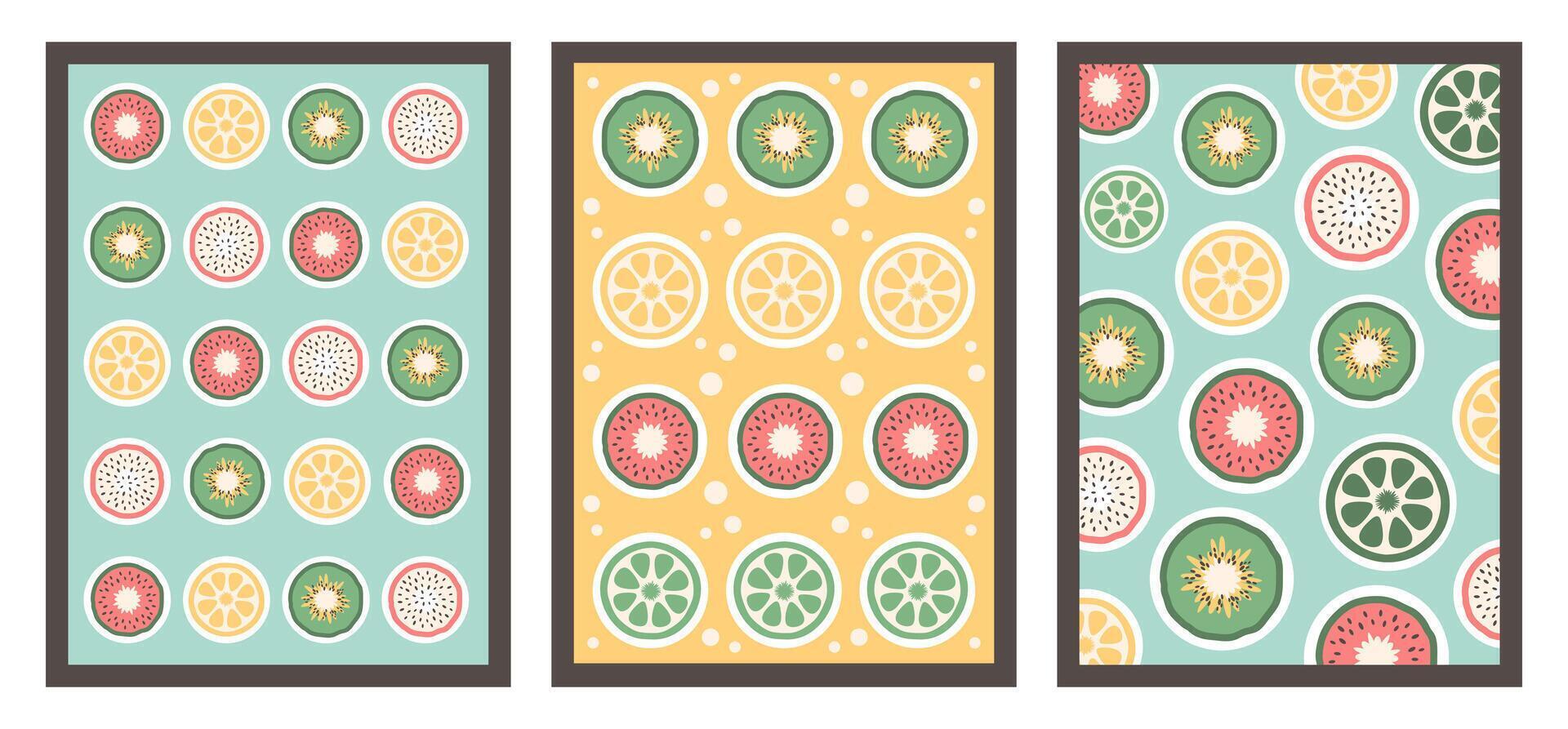 Summer posters set. Exotic fruits backgrounds. Slices of tropical fruits. Organic healthy food. Dragon fruit, kiwi, lemon, lime. Natural snack. illustration vector