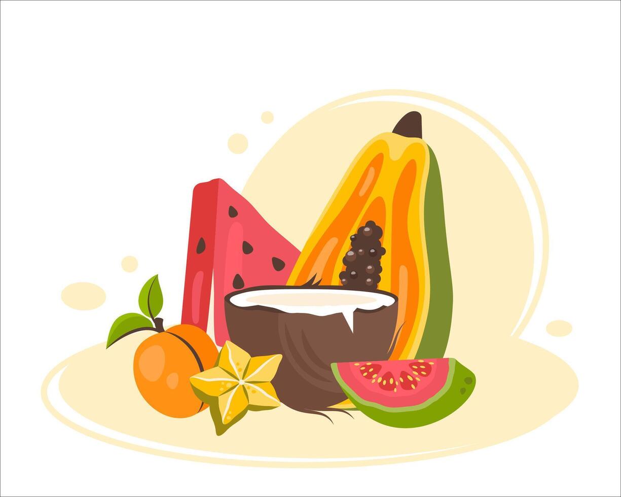 Exotic fruits. Set of organic vitamins. Fresh Tropical fruits in peel, half, slices. Fruit clipart. Organic healthy food. Watermelon, guava, papaya, coconut. Natural snack. flat illustration vector