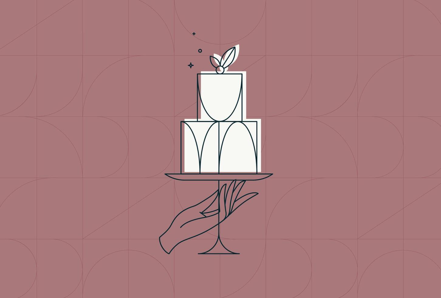 Cake stand with dessert in art deco style holding by hand drawing on coral background vector