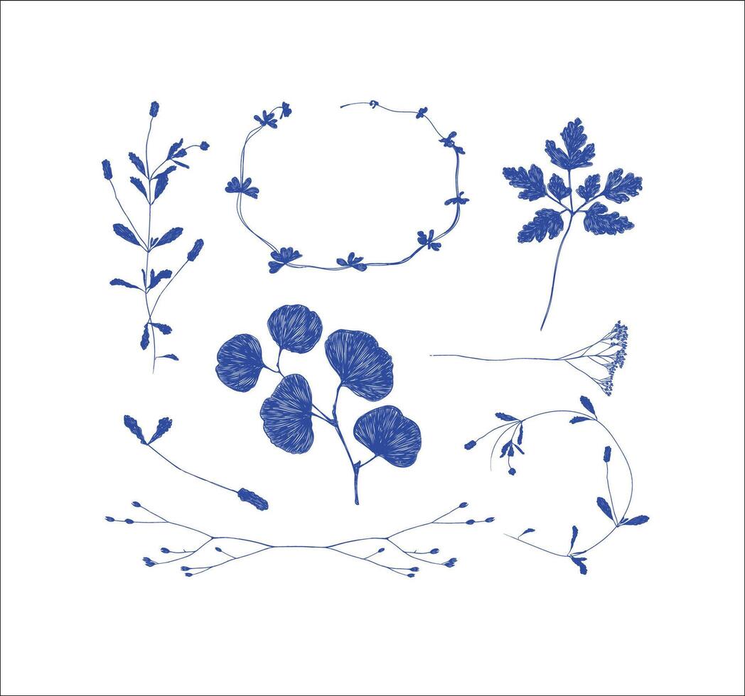 Branches and leaves silhouettes set drawing on white background vector