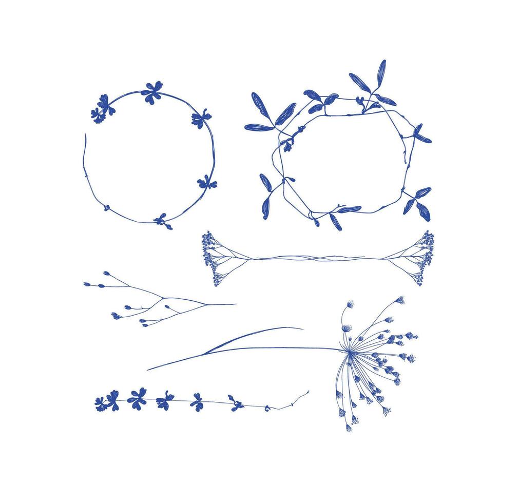 Branches leaves and flowers silhouettes set drawing on white background vector