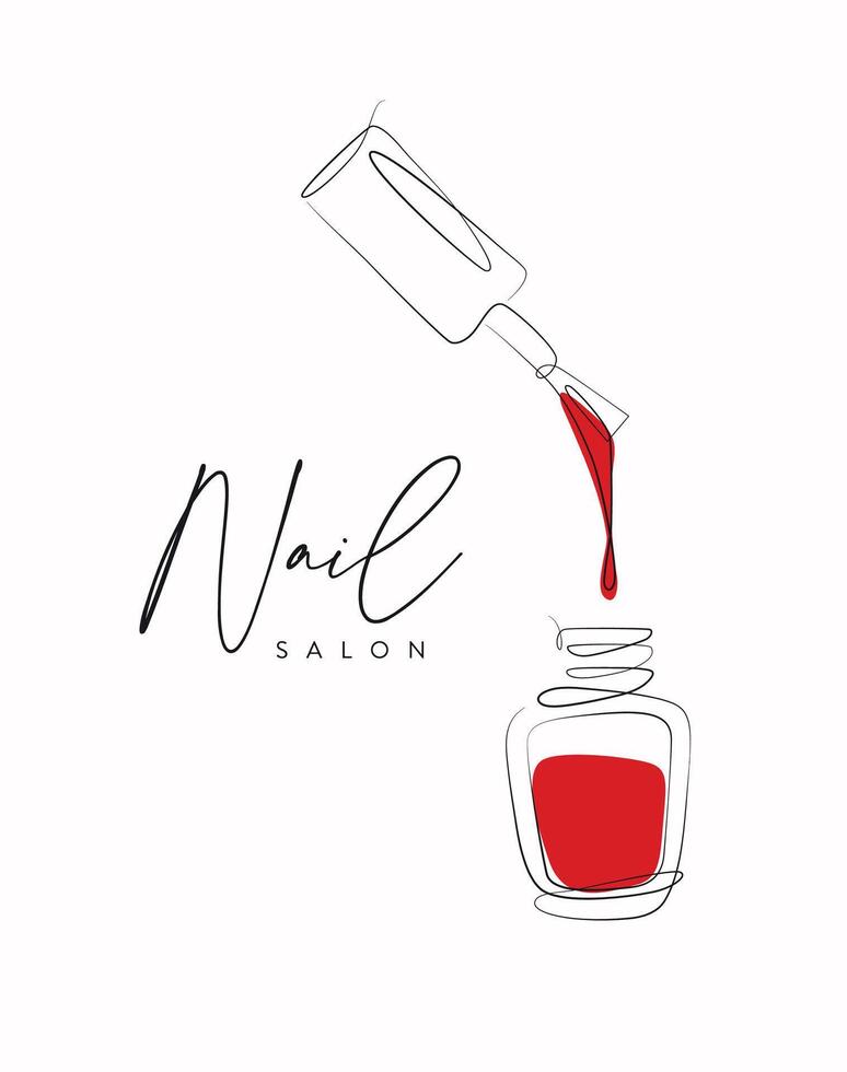 Nail polish red bottle lettering salon drawing in linear style on white background vector