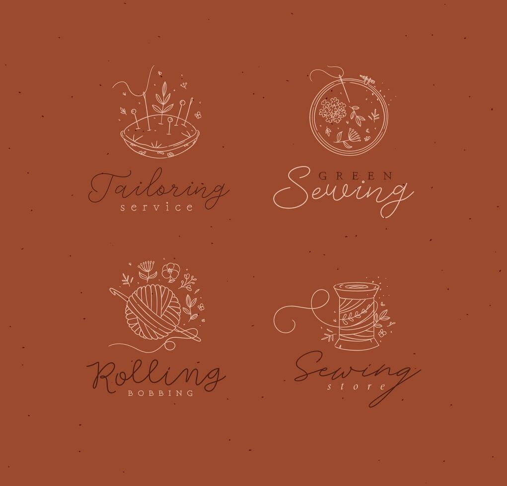 Sewing labels pillow with needles, embroidery circle, ball and skein of thread with lettering drawing in floral style on mustard background vector
