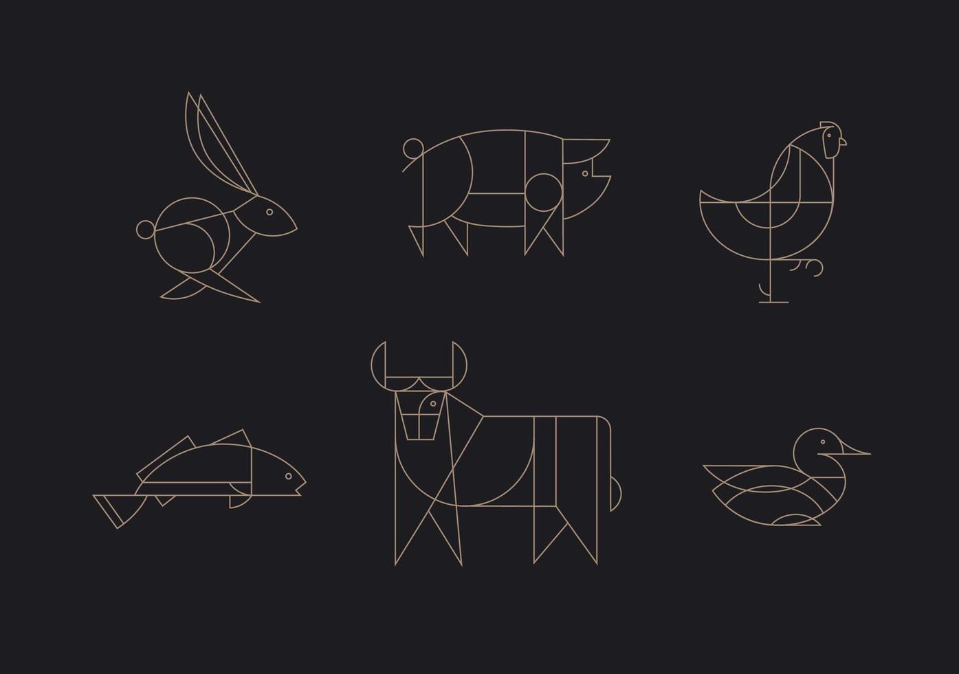 Animals rabbit, pig, chicken, fish, cow, duck drawing in art deco linear style on black background vector