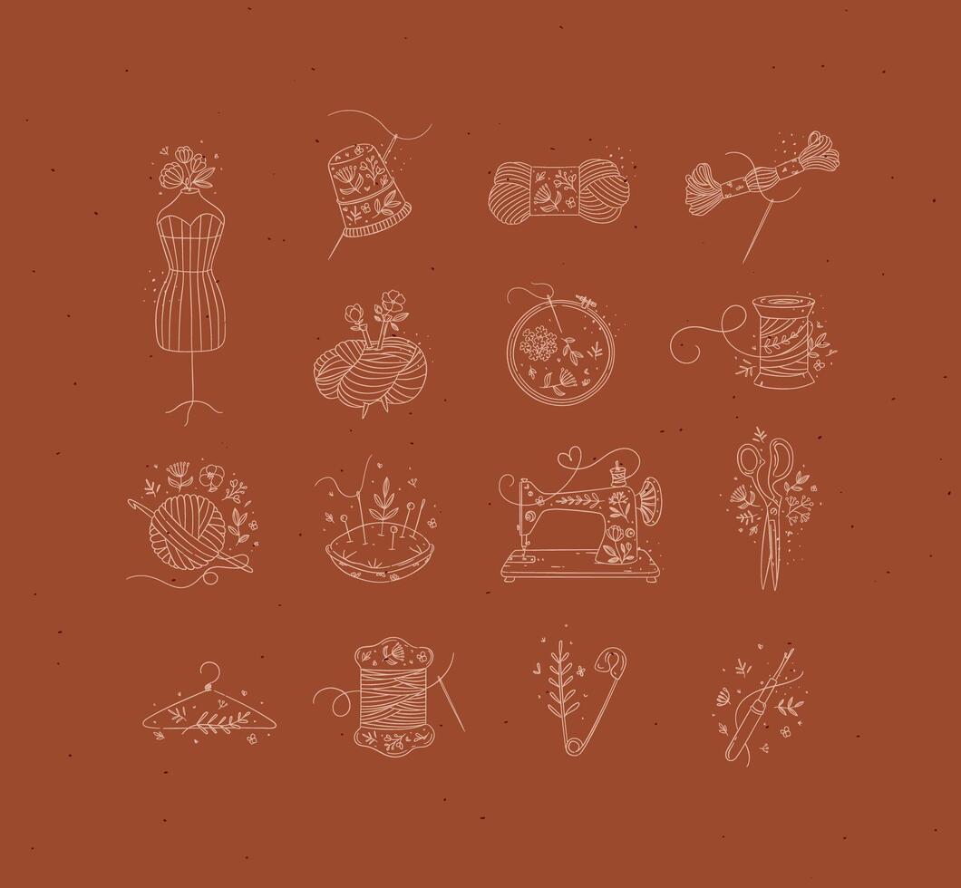 Sewing item icons scissors, mannequin, pin, thimble, wool, threads, yarn, skein, bobbin, pillow, sewing machine, hanger embroidery circle hook drawing in floral style on mustard background vector