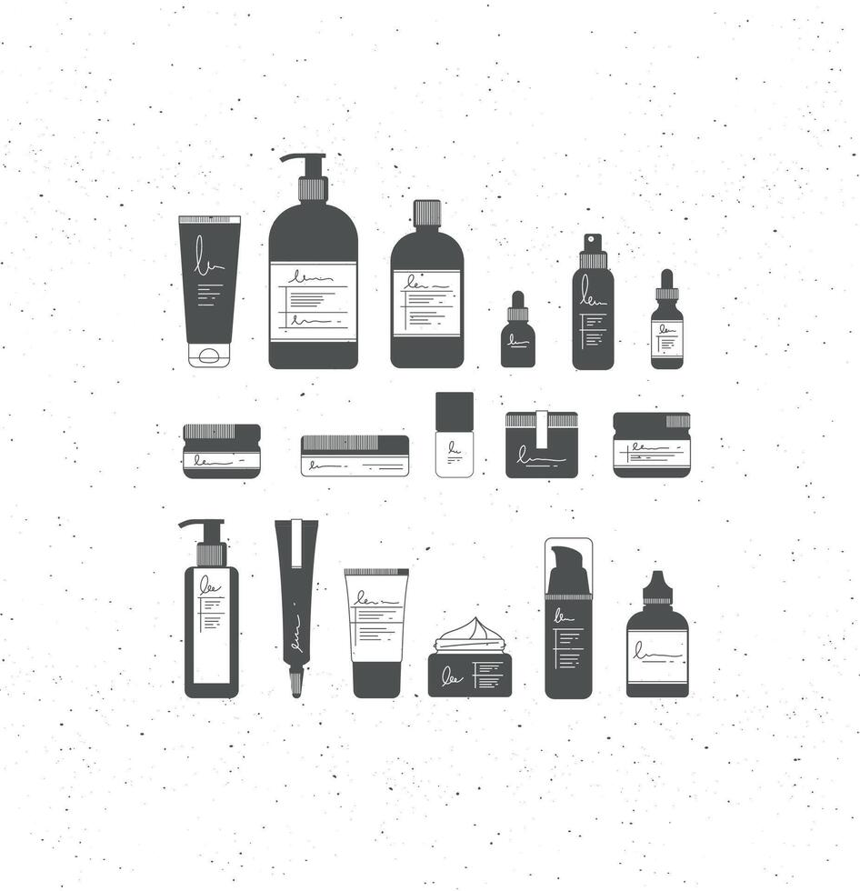 Set of cosmetic bottles in graphic style. Many containers for beauty and fashion products vector