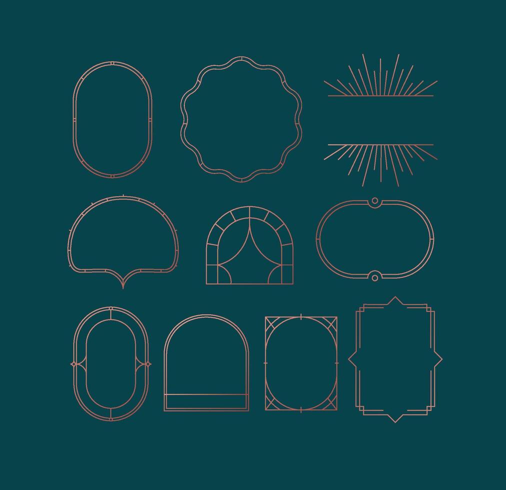 Art deco frames drawing in linear style on dark blue background. vector