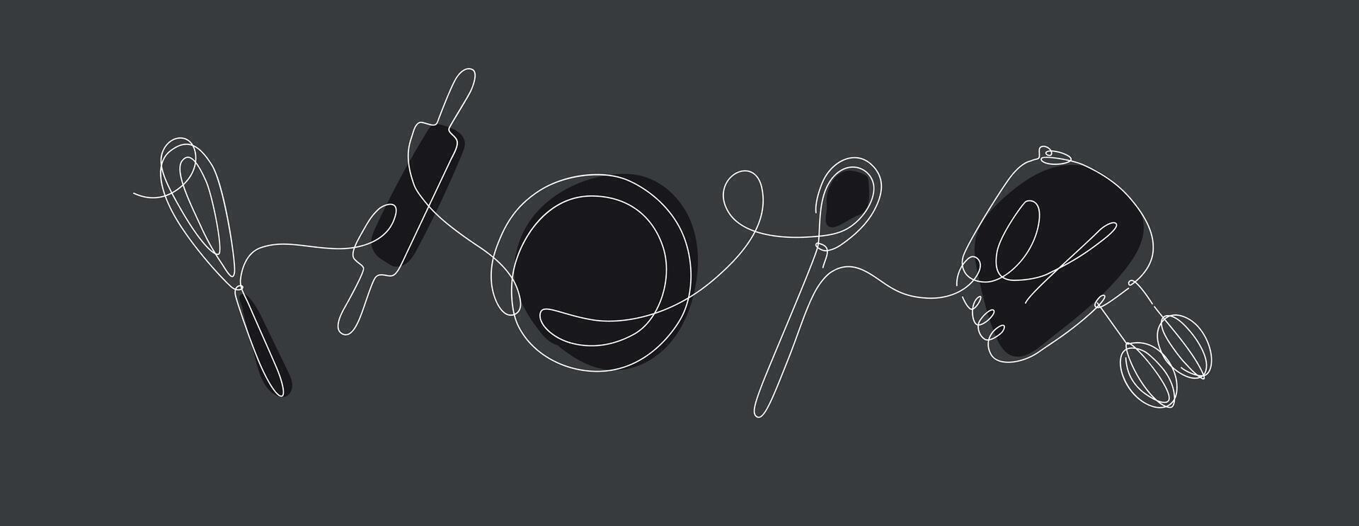 Kitchen tools whisk, spatula, plate, rolling pin silhouette drawing in linear style on black background vector