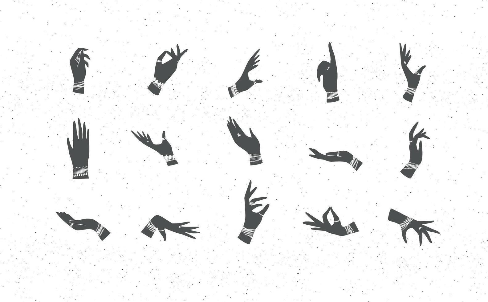 Hands with bracelets and rings in ethnical style in different positions to express feelings and emotions. vector