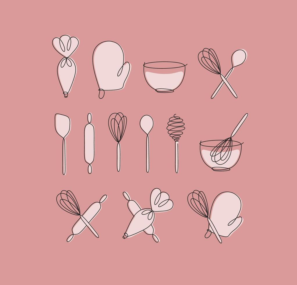 Linear bakery tools pastry bag, potholder, bowl, whisk, spoon, rolling pin, spatula drawing in pen line style on coral background vector
