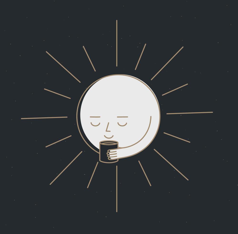 Morning sleeping sun holding cup of tea drawing in cartoon flat line style on black background vector