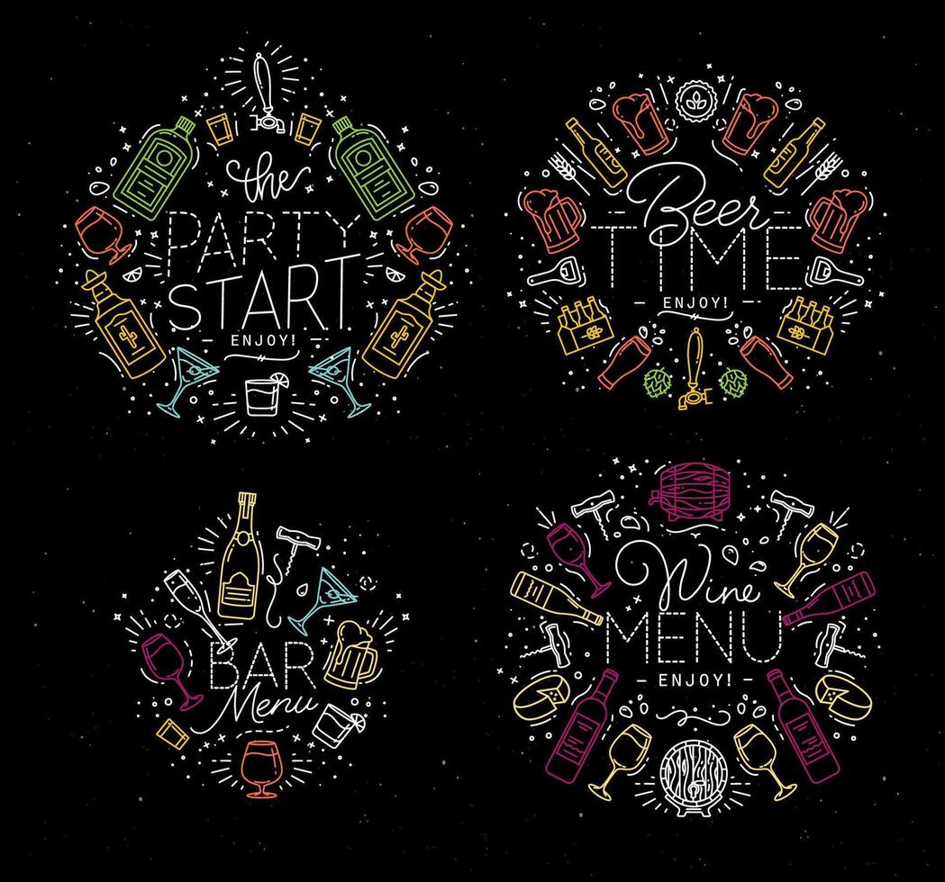 Alcohol monogram in flat style lettering happy hour enjoy drawing with color lines on dark background vector