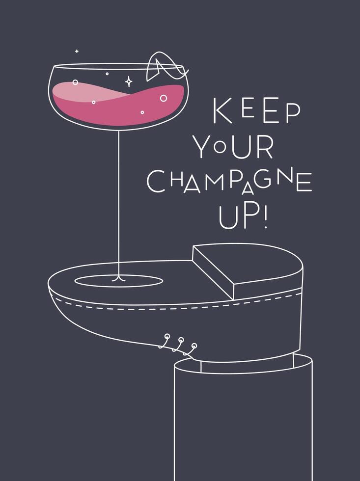Alcohol poster. Champagne wide glass with lettering stands on foot drawing in line art style on dark background vector