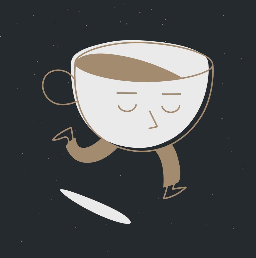 Running sleepy cup of coffee drawing in cartoon flat line style on black background vector