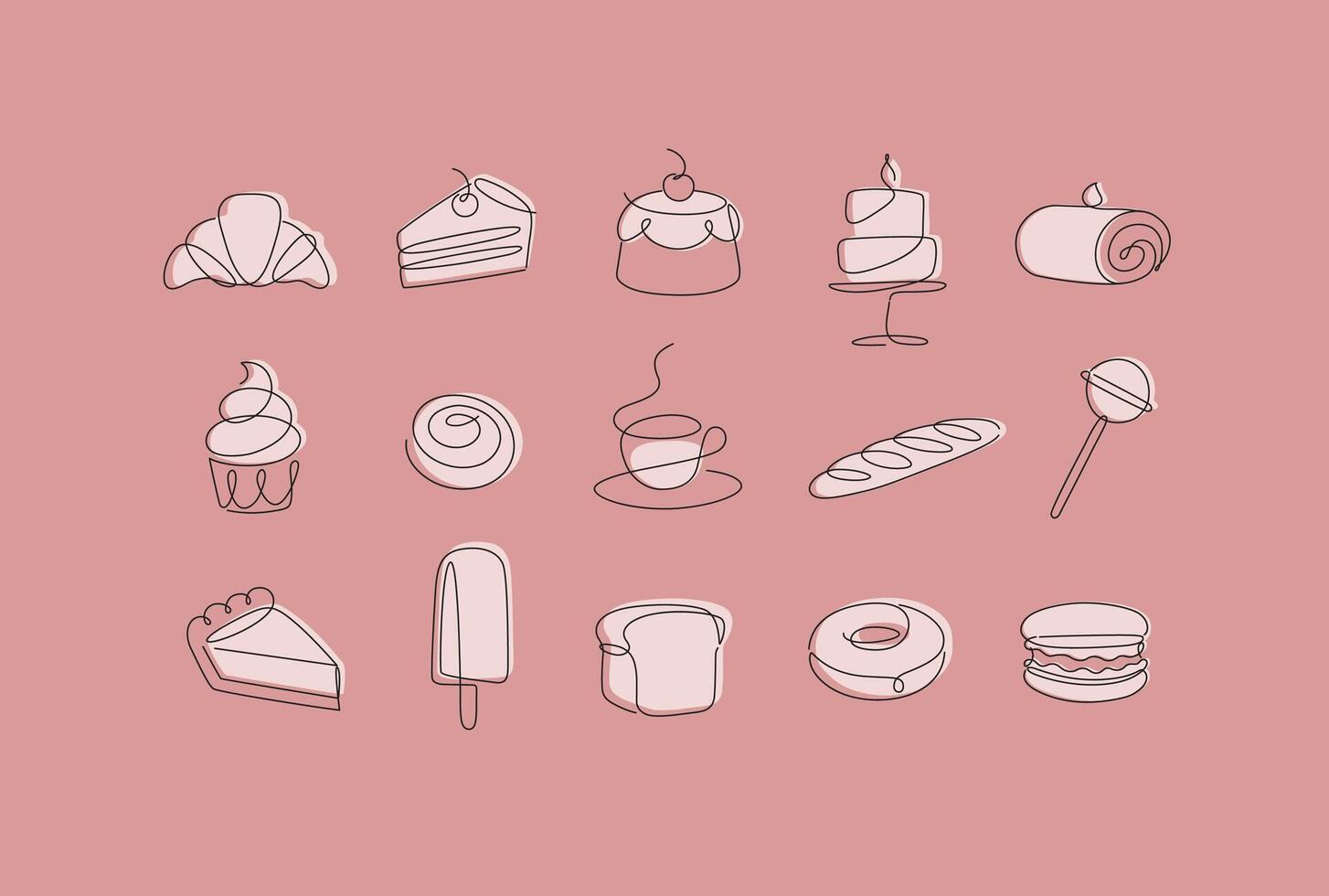 Linear bakery and dessert icons cupcake, lollipop, coffee, baguette, pie, doughnut, ice cream, cake, macarons, bread, biscuit drawing in pen line style on coral background vector