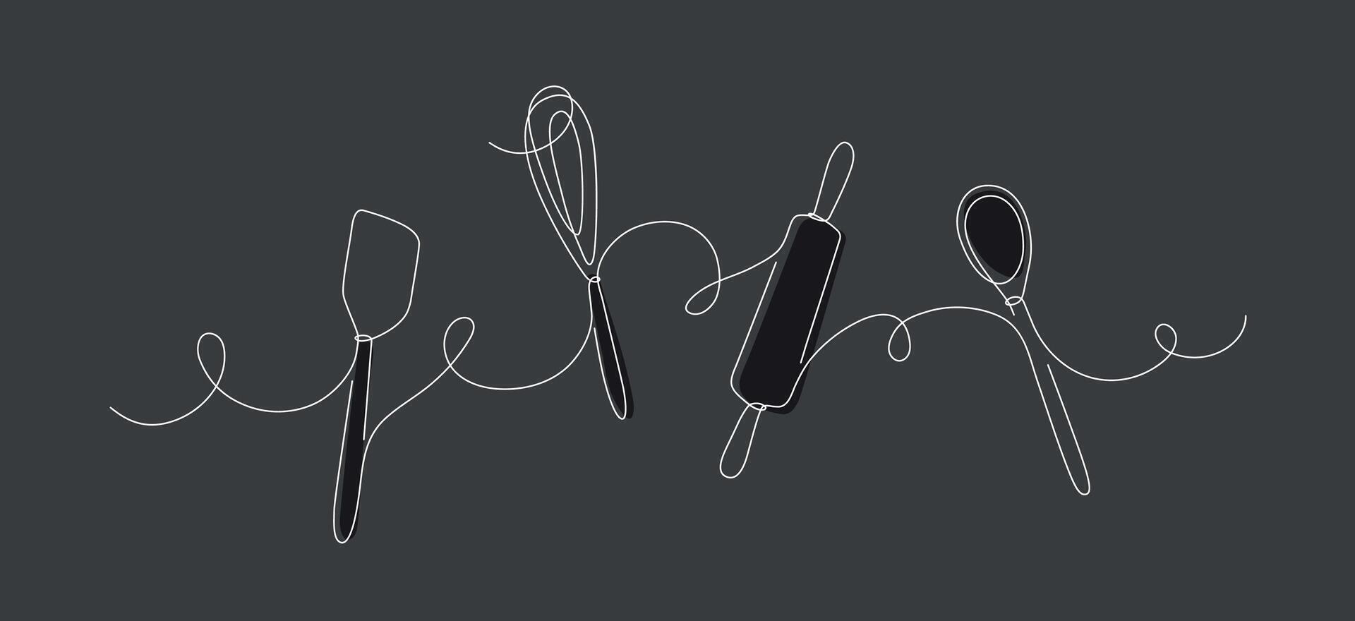 Bakery tools whisk, rolling pin, spatula silhouette drawing on black background vector