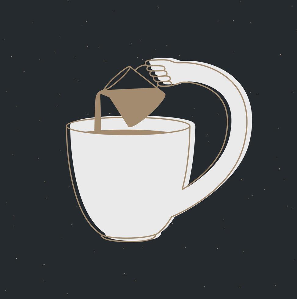 Cup pours milk into itself drawing in cartoon flat line style on black background vector