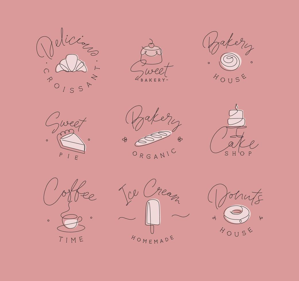 Linear bakery and dessert labels croissant, cupcake, pie, baguette, cake, coffee, ice cream, doughnut with lettering drawing in pen line style on coral background vector