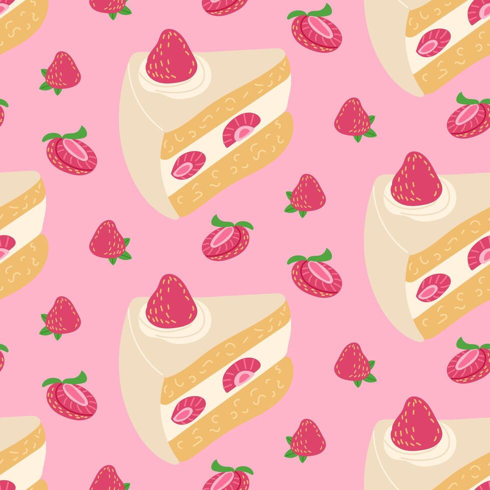 Pinky seamless pattern with strawberry cake vector