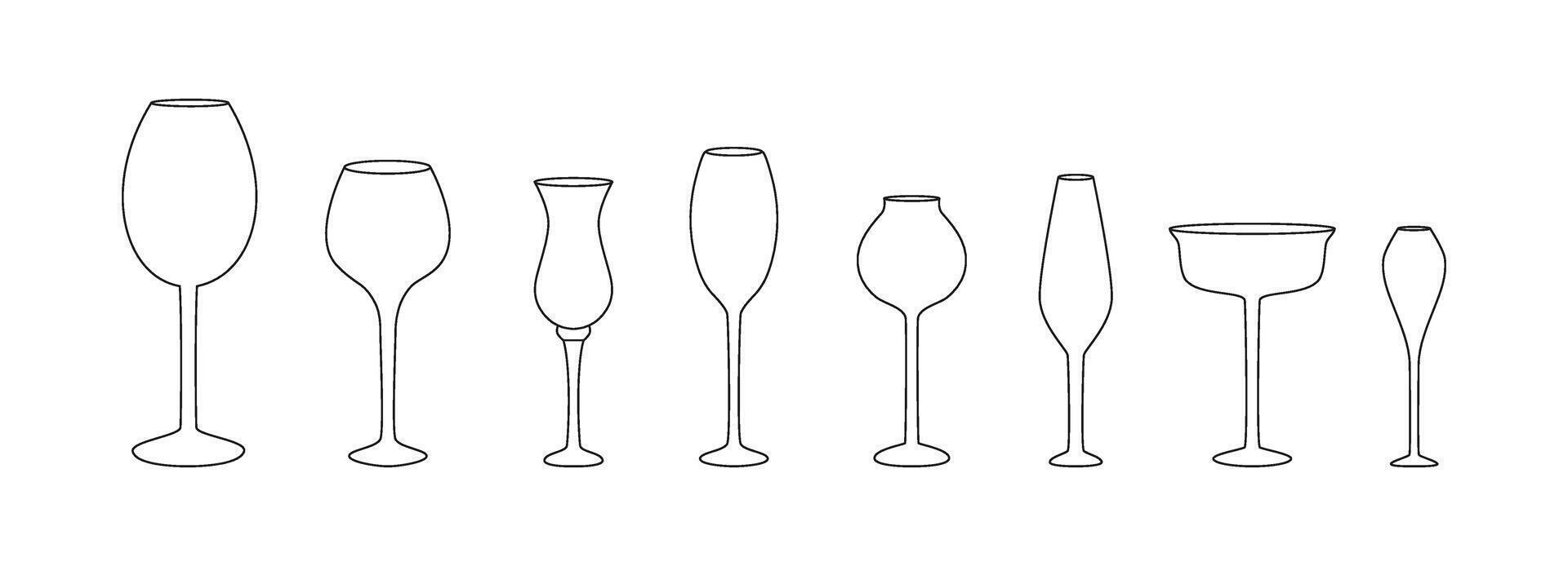 Outline wine glasses clipart. Sketch, icon, doodle. Different kinds of linear crystal glasses and goblets. Wine tasting. Sommelier. Party, celebration time. Contour. vector
