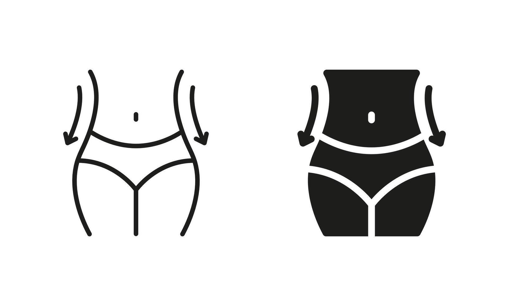 Woman Loss Weight Pictogram. Shape Waistline Control. Slimming Waist Line and Silhouette Black Icon Set. Set of Female Body Slimming Symbol Collection. Isolated Illustration vector