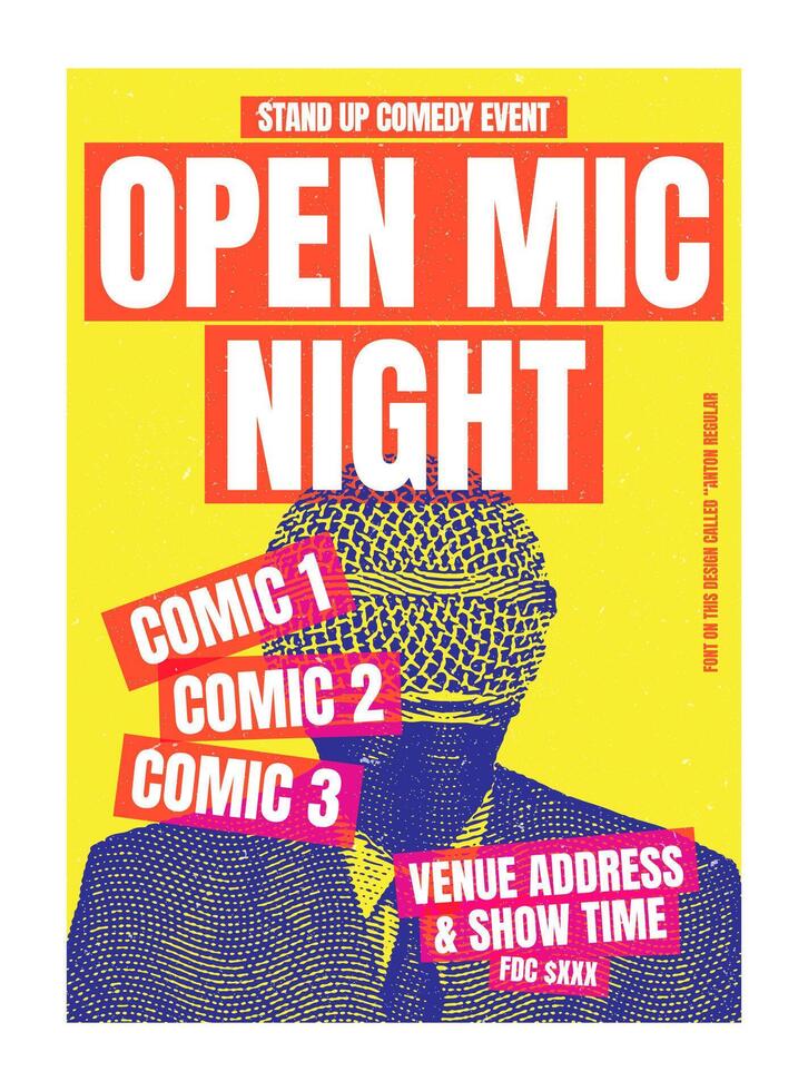 Open Mic Night poster, for comedy club or stand up comedy event, print template banner or flyer, with microphone head illustration, eps design and colorful background vector