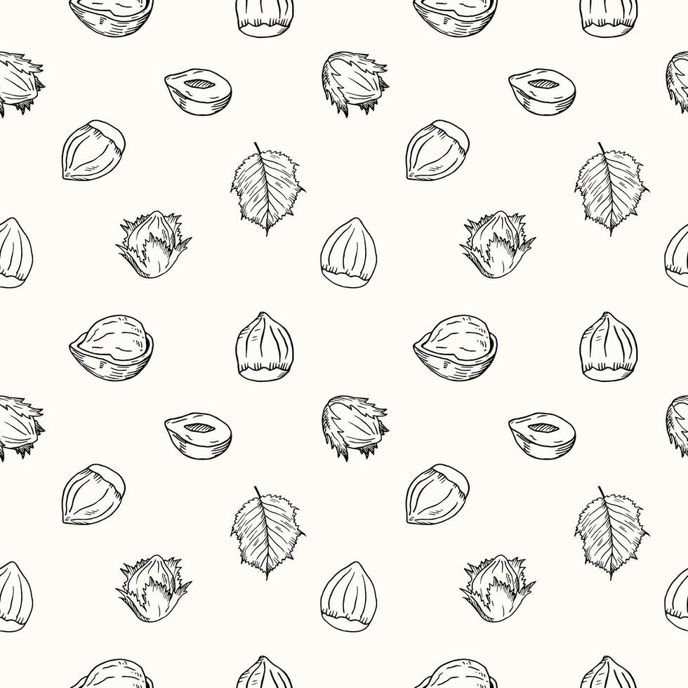 Hazel Nut Seamless Pattern. Repeating background with engraved hazelnut plant, fruits, shell. Ornament for paper, wrapping, print, card. Hand drawn ink sketch. Food, organic ingredient vector