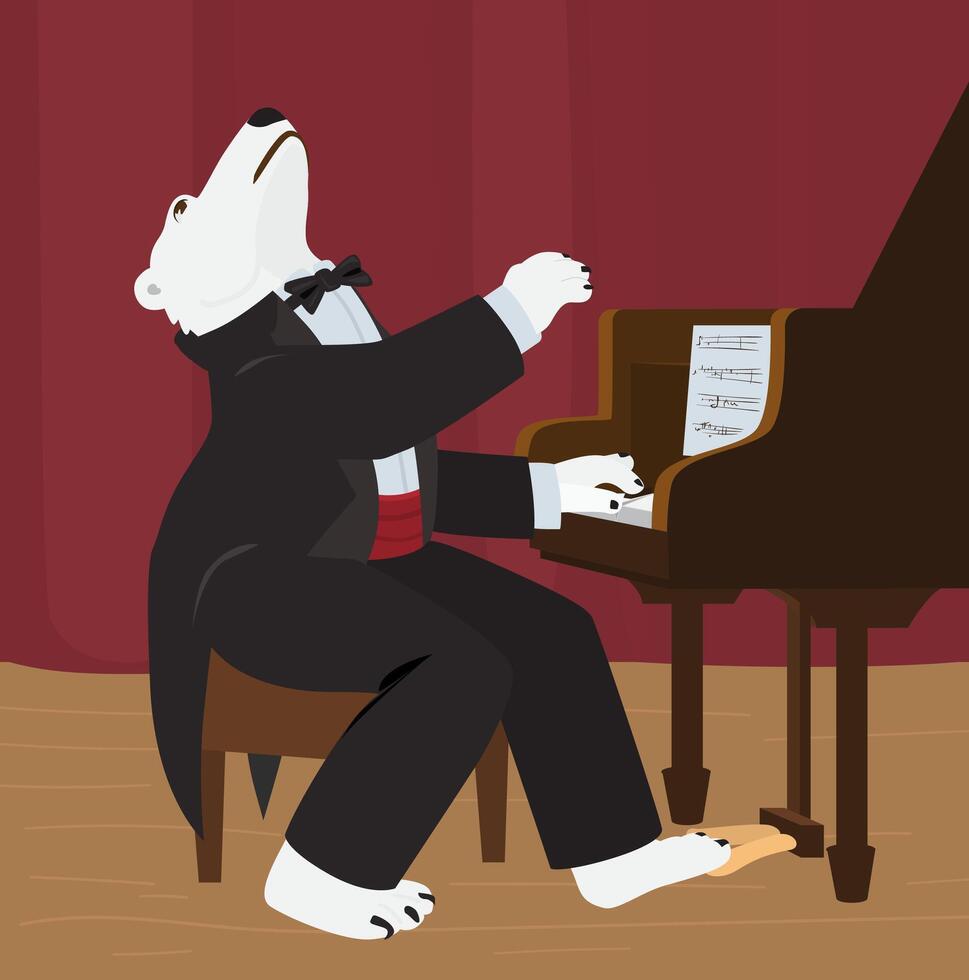 White Bear In Tuxedo And Bow Tie Playing The Piano On The Stage Cartoon Illustration. Animal Character Design. vector