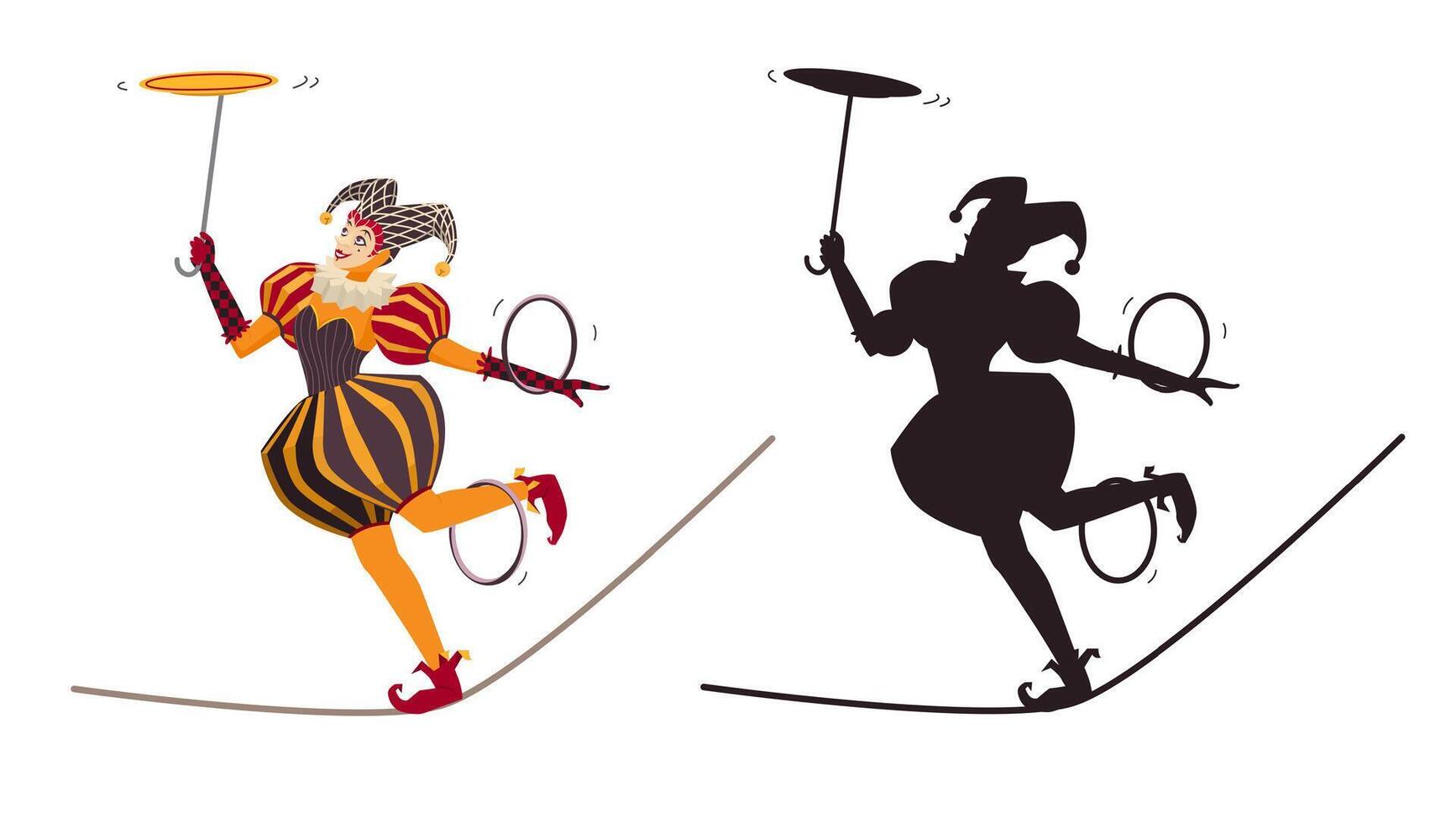 Female circus artist character in colorful suit and jester hat balancing on the rope and spinning plate and hoops and its' silhouette. Tightrope walker. Isolated on white. Cartoon illustration. vector