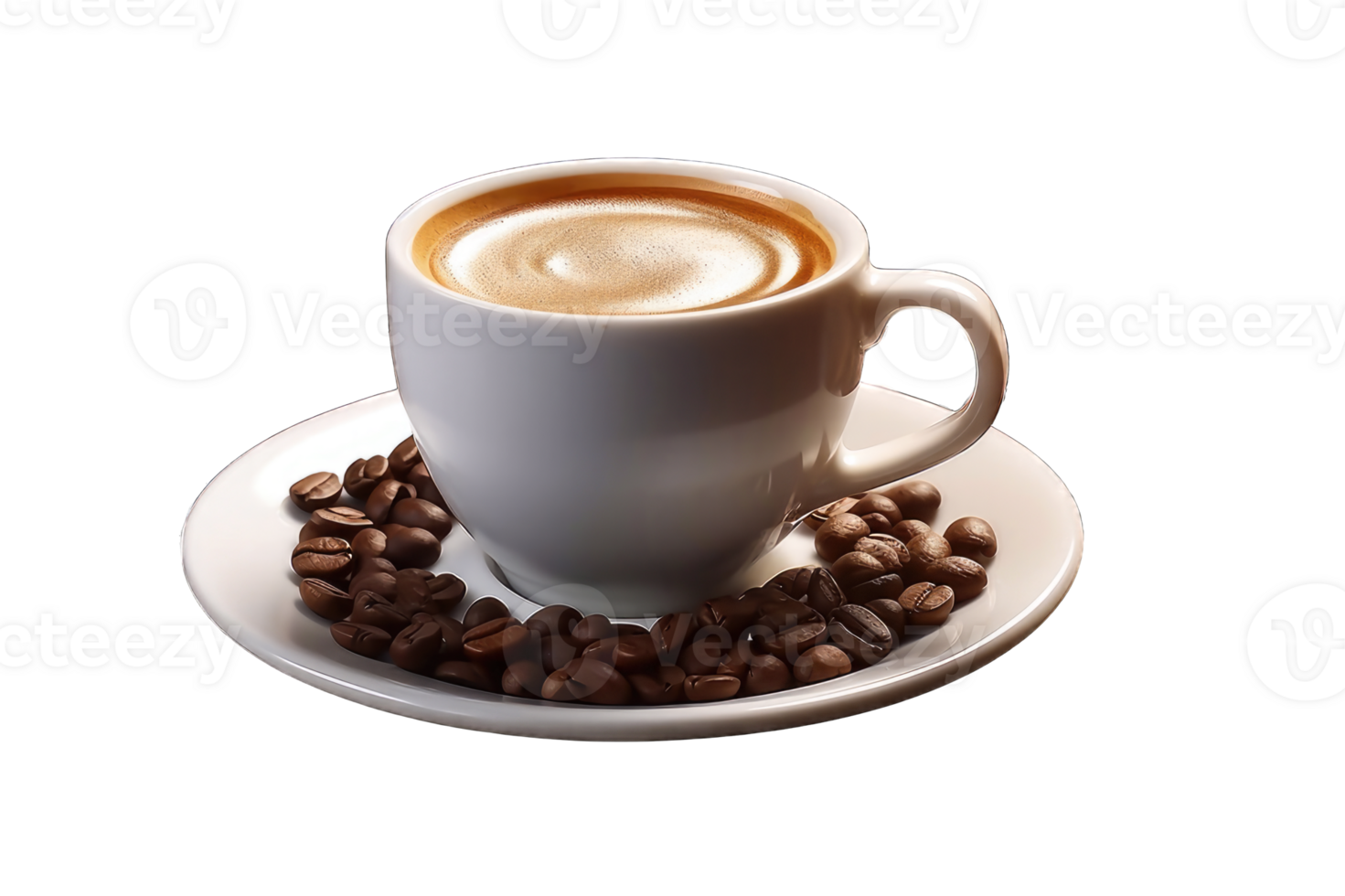 Coffee cup with beans in plate on transparent background cutout png