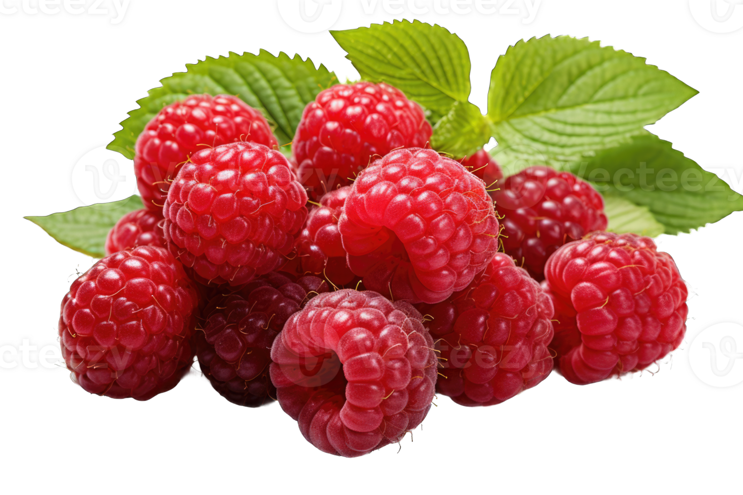 Red respberry with leaves fresh fruit transparent background cutout png