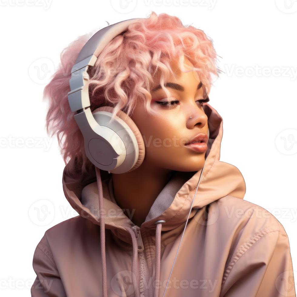 Woman using headphones pink suit and hair on transparent background cutout png