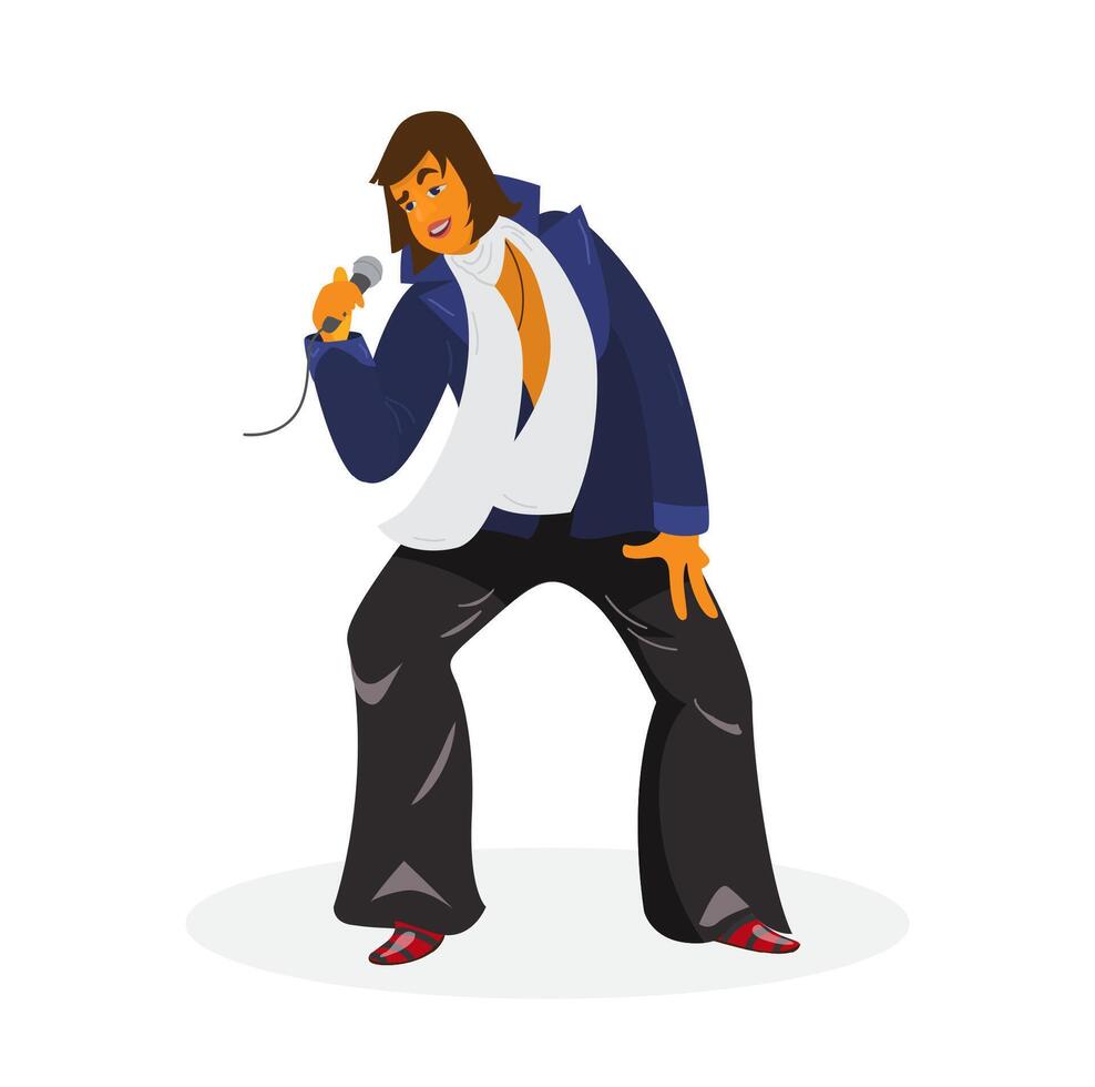 Funky Singer Character Design Cartoon Illustration. Vocalist In Leather Pants, Jacket, White Scarf And Shiny Shoes With Microphone. Isolated On White. vector